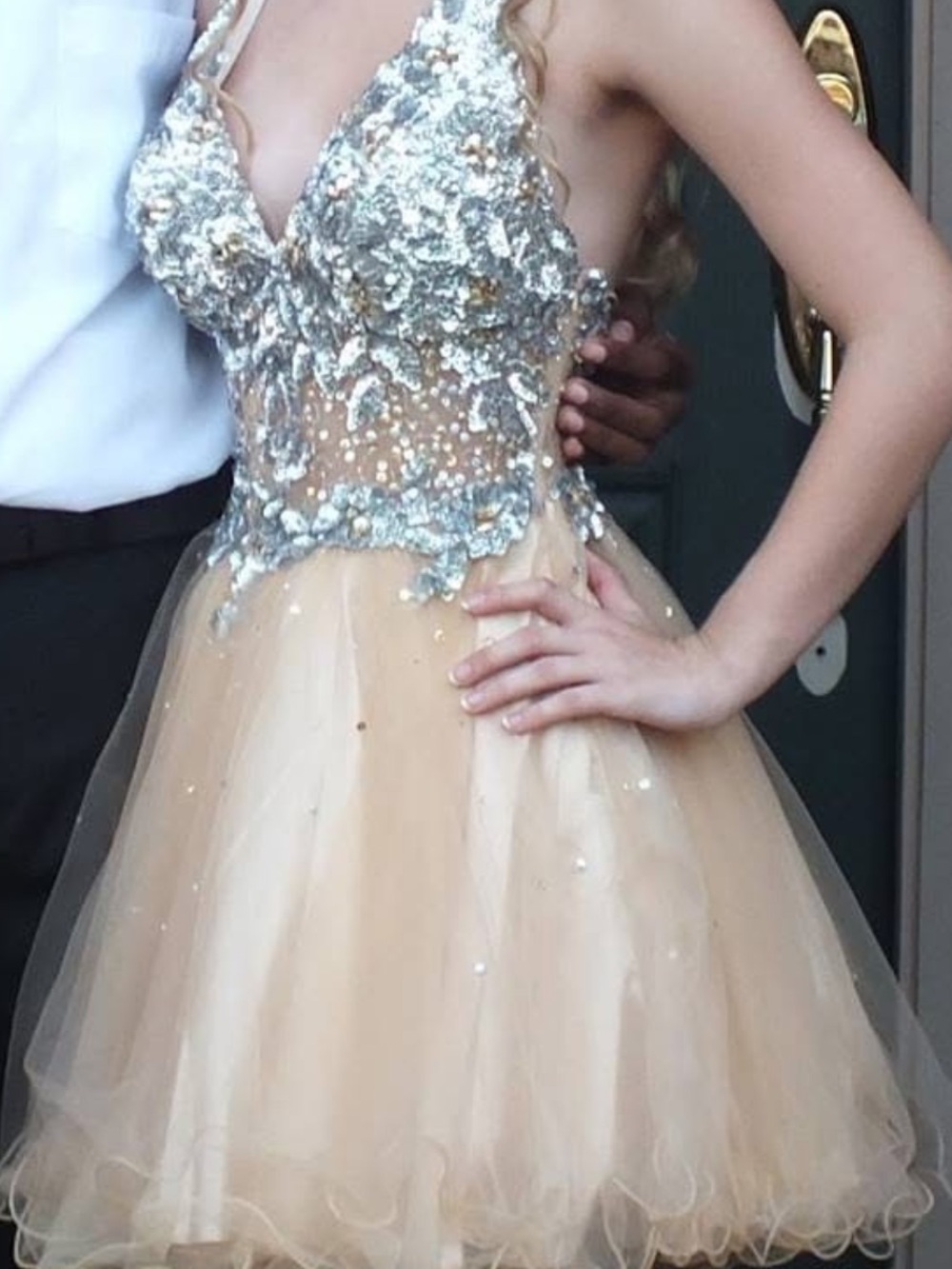 Dave & Johnny Champagne and Gold Sequin Evening Dress
